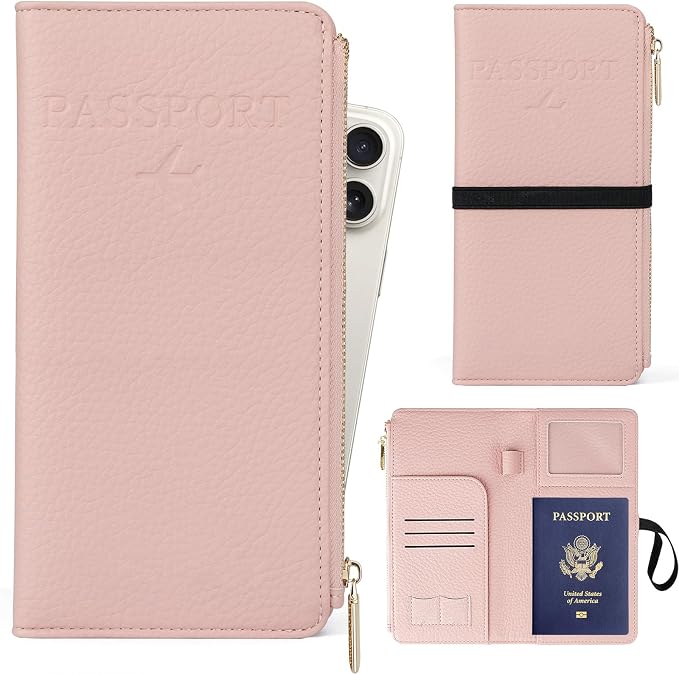 TIGARI Leather Passport Holder, RFID Blocking Wallet for Women, Zipper Pocket Card Slots, Waterproof Travel Accessories (Pink)