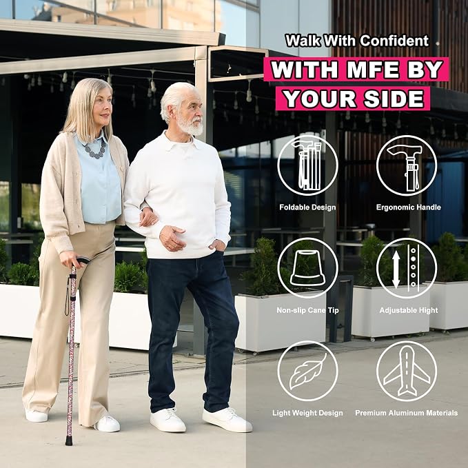 MFE Folding Cane, Portable 5-Level Adjustable Height Walking Stick with Foldable Design, Wrist Strap, and T Handle for Men and Women