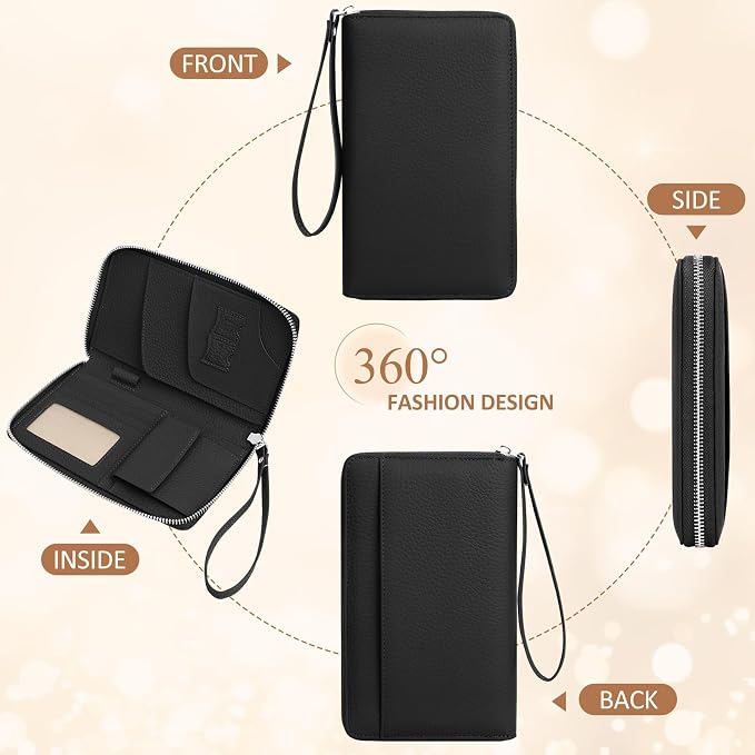 RFID Passport Holder for Travel Family with Coin Pocket, Black | Leather Passport Cover for 2, Travel Document Organizer with Wrist Strap & 24 Card Slots, for Women Men