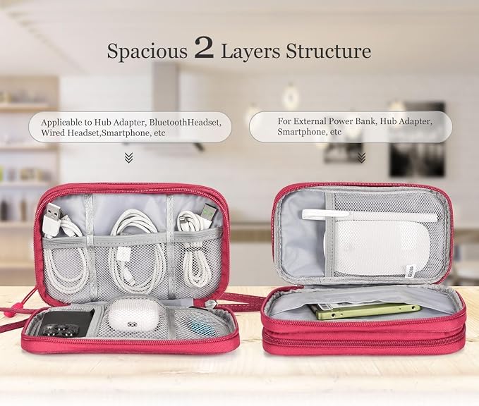 CAOODKDK Electronic Organizer Travel Cable Accessories Bag, Electronic Organizer Case, Waterproof Electronic Accessories Organizer Bag for Power Bank, Charging Cords, USB Cable (Rose Red)