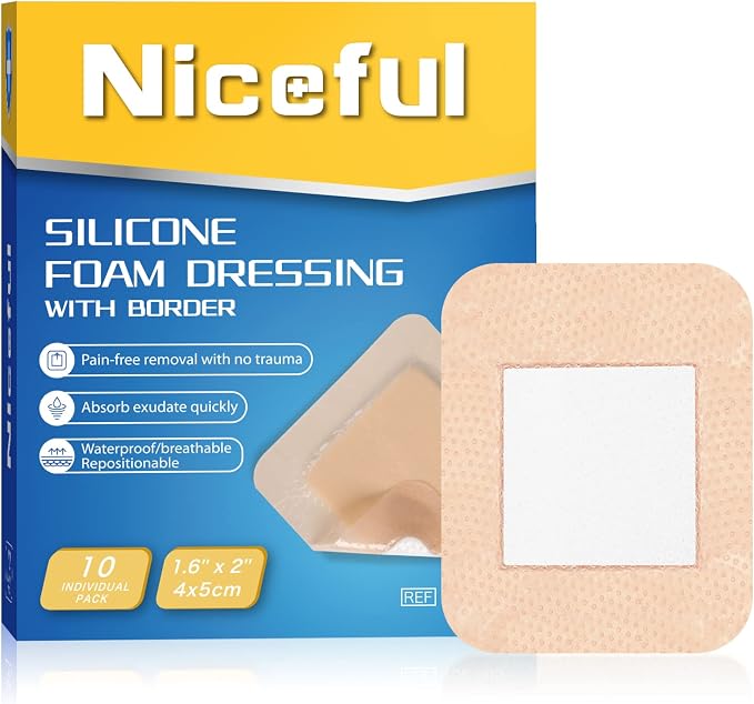 Niceful 10 Count Silicone Foam Dressing 1.6" x 2", Wound Dressing for Minor Surgical Incisions, Abrasions, Absorbent Silicone Bandages for Sensitive Skin, Small Bed Sore Bandages