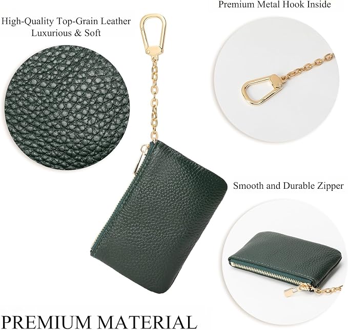 Full Grain Leather Coin Purse with Key Chain - Small Change Purse Keychain Card Holder Keychain Pouch Small Keychain Wallet for Women and Men (Forest Green)