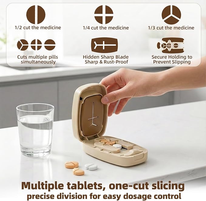 Adjustable Slot Pill Cutter - Fits Small/Large Pills, Vitamins, Oval/Long Tablets | 1/2, 1/3, 1/4 Even Splitting, Dual Fixing Clips, Multi-Pill Cutting, Precision Split, Hidden Sharp Blade