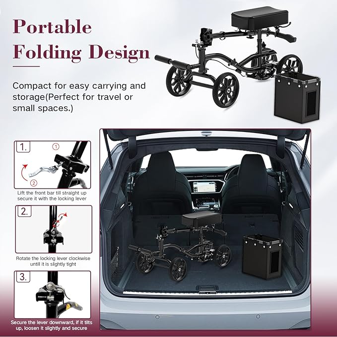 Lightweight Knee Scooter Crutch Alternative, Foldable & Adjustable Knee Scooter for Adults for Foot Surgery, Steerable Knee Walker with Detachable Basket, Includes DIY Stickers-Metallic Black