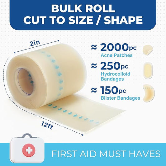 Hydrocolloid Roll for Wound Care, 2in x 12ft, Medical Grade Hydrocolloid Bandages, Pimple Patch Roll, Colloidal Dressing Tape for Acne, Blister, Burn, Scrapes, Cut to Size, Waterproof, Large