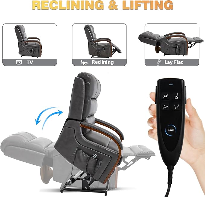 Trustyue Power Lift Recliner Chair, 180° Lay Flat Recliner, Lift Chair with Massage and Heat, Standing Assistance, Infinite Position Reclining, Living Room Chair for Elderly People (Faux Leather Grey)