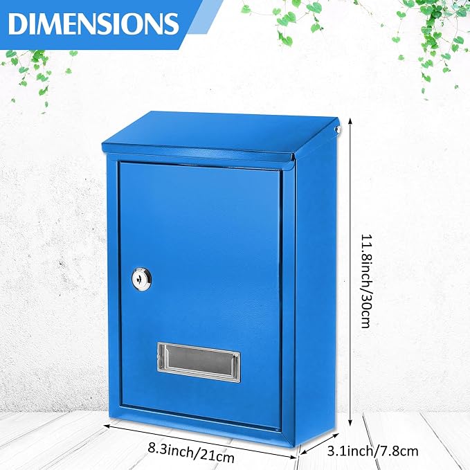 Amylove Weatherproof Mail Boxes with Key Lock, Security Locking Wall Mount Metal Mailbox with Slot for Outside, Large Capacity for Mail, Packages, Donations, Voting 11.8" H x 8.3" L x 2.8" W, Blue