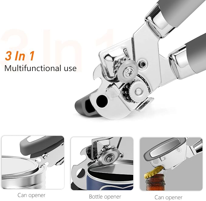 Can Opener,Professional 3-In-1 Multifunctional Manual Can Openers Bottle Opener,Kitchen Durable Stainless Steel Heavy Duty Can Opener Smooth Edge for Kitchen Seniors Friendly