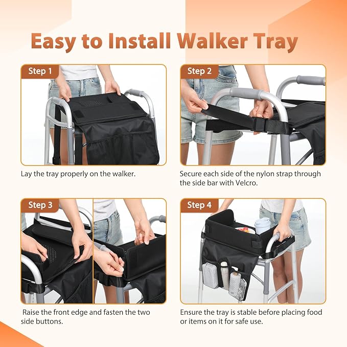 Tray for Walkers for Seniors with Cup Holder - Walker Accessories 【w/Pockets, Cup Holder & Non Slip Mat for Food】Mobility Trays Fits Most Standard Folding Walkers, Removable & Easy Assembly