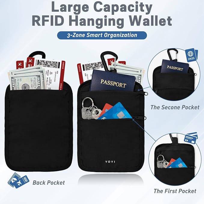 Anti-Theft Belt Waist Travel Wallet Hidden Passport 3-Zone Clip Carabiner | Water-resistant fabric with RFID blocking liner, fits passport, tickets, cards, and cash in 3 zones