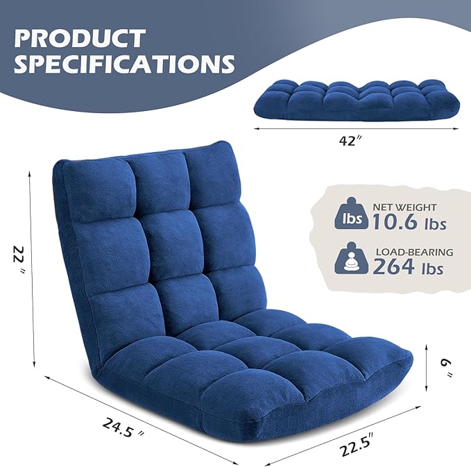 Folding Floor Gaming Chair 14-Poistion Cushioned Adjustable Floor Lazy Sofa Chair w/Breathable Cotton & Skin-Friendly Velvet for Adults & Kids Perfect for Reading Gaming Meditating, Darkblue