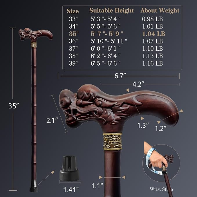 Wooden Walking Cane, 3D Dragon Engraved Cane Support up to 400 lb, Canes for Seniors Men Women of Different Heights