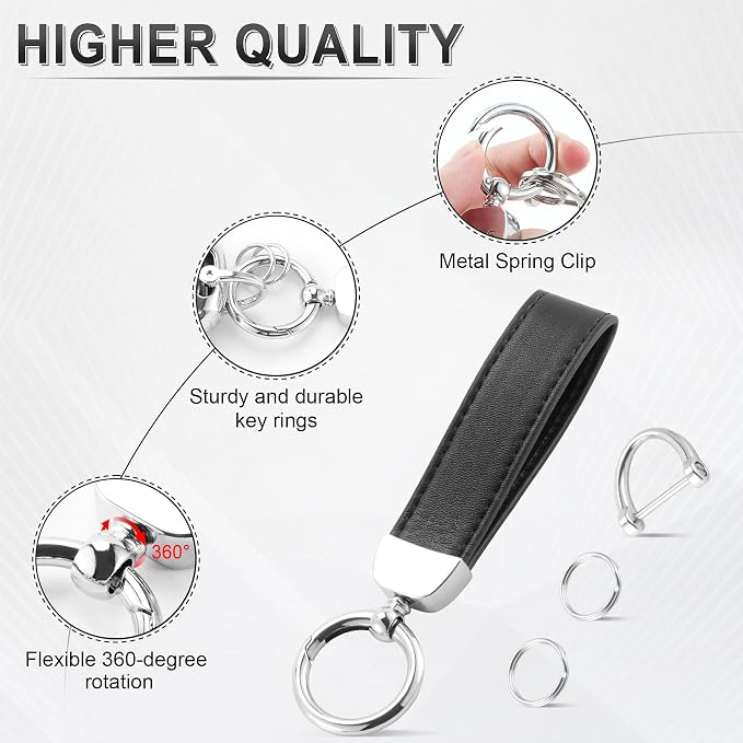 JUSTTOP Leather Keychain, Car Key Chain with Anti-Lost D-Ring and 2 Key Ring, Keychain Wristlet, Car Accessories, Universal Keychain for Men and Women (Black)