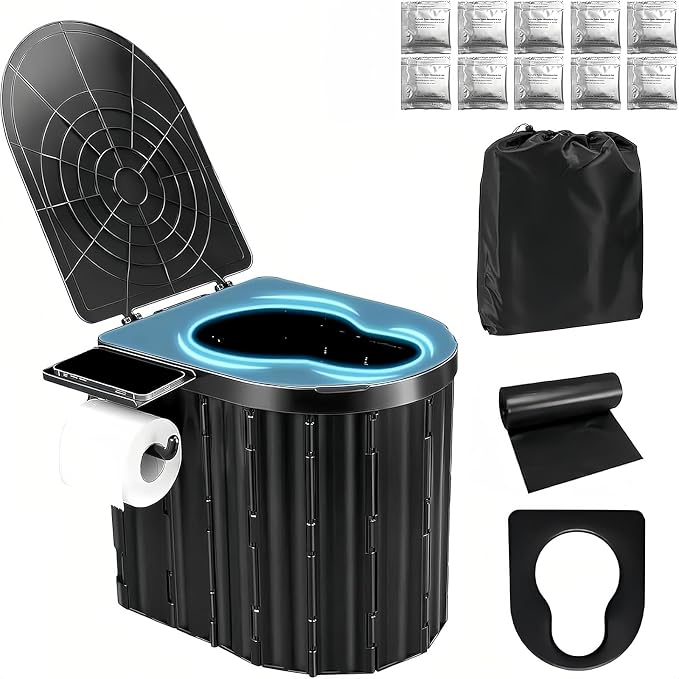 UOPBYEA Portable Camping Toilet for Adults With Leak-Proof Bags & Urine Gel | Washable, With Comfortable Cushion, 12-Inch Extra Wide Seat for Camping, Tent, Outdoor, Travel, RV, Beach, Truck Driver, Boat