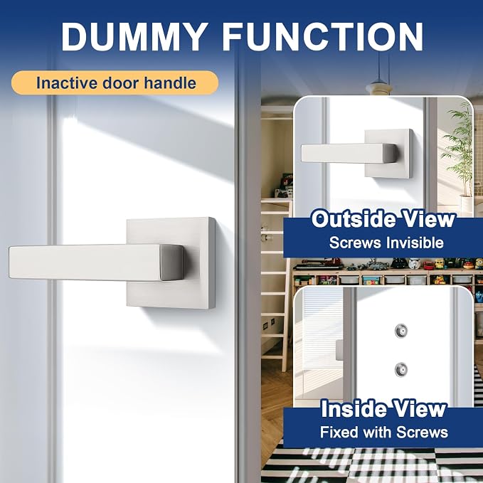 KNOBWELL 6 Pack Brushed Nickel Dummy Lever Inactive Door Handle Modern Square Interior Door Knobs for Pantry/Closet/Hallway(One Side)