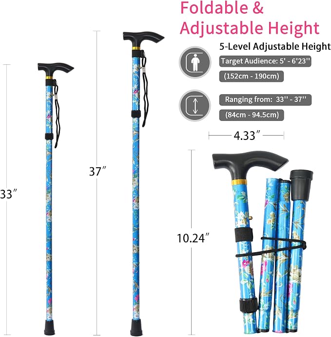 Folding Canes for Men and Women, Floral | 5-Level Adjustable Height, Lightweight Collapsible, Aluminum, Wrist Strap, T Handle, Walking Sticks for Seniors Adults