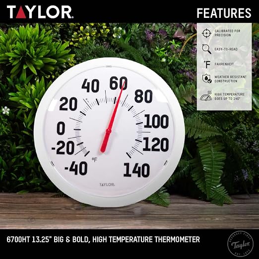 Taylor Big & Bold Outdoor Wall Thermometer, 13.25-Inch Weather-Resistant Patio Thermometer for High Temperature Readings, Easy-to-Read Numbers for Garden, Porch, Deck, Backyard, or Indoor Use, White