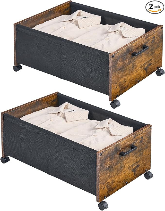 FOUCSSOMEI Under Bed Storage with Wheels, Wooden Under Bed Drawers On Wheels, Rolling Under Bed Shoe Storage, Space Saving, Rustic Brown,70L