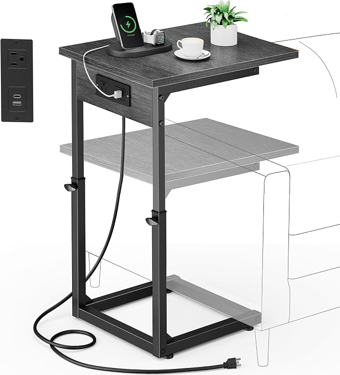 C Shaped End Table with Charging Station, 33" Tall Side Table for Couch, Adjustable Height C Table End Table, Couch Table Slide Under Sofa Table TV Tray Table for Living Room, Gray Walnut