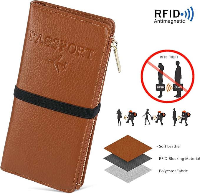 TIGARI Travel Wallet, Leather Passport Holder for Travel, Rfid Blocking Passport Wallet For Women, Zipper Pocket Card Slots Purses, Travel Document Organizer Waterproof Travel Accessories(Brown)