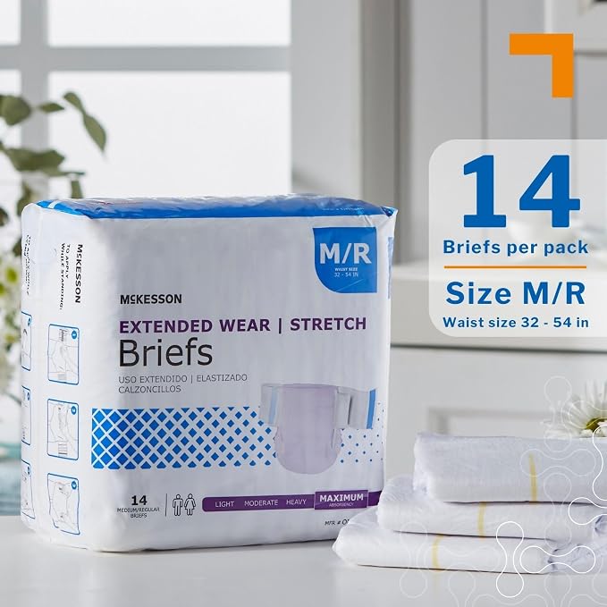 McKesson Extended Wear Stretch Briefs, Maximum Absorbency, 54 in, 56 ct | M/R, Unisex, Disposable, Elastic Leg Gathers and Contoured Fit for Men and Women, Incontinence