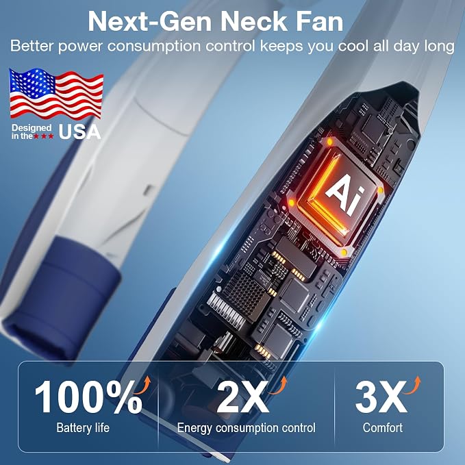 Hionly AI Neck Fan, 6 Speeds Adjustable Portable Personal Fan Rechargeable, 6000 mAh Battery Faster Cooling Wearable, Ultra Quiet for Home, Office, Travel, Outdoor