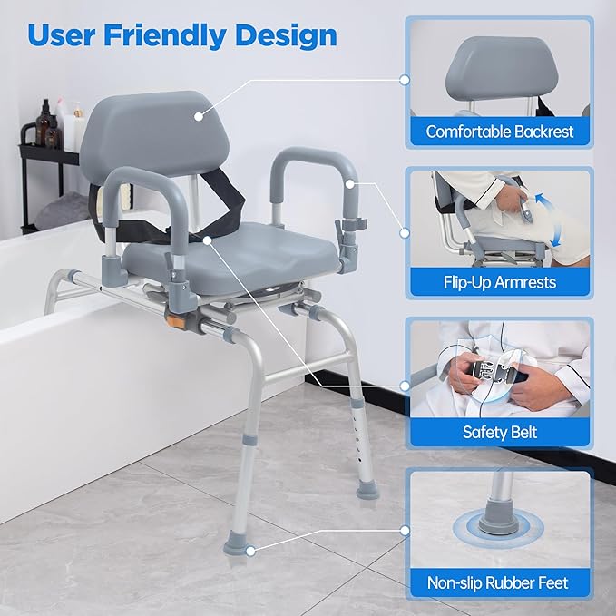 FSA/HSA Eligible Sliding Shower Chair with Swivel Seat, Rotating Tub Transfer Bench Shower Bench with Padded Seat and Backrest for Elderly and Disabled, Gray