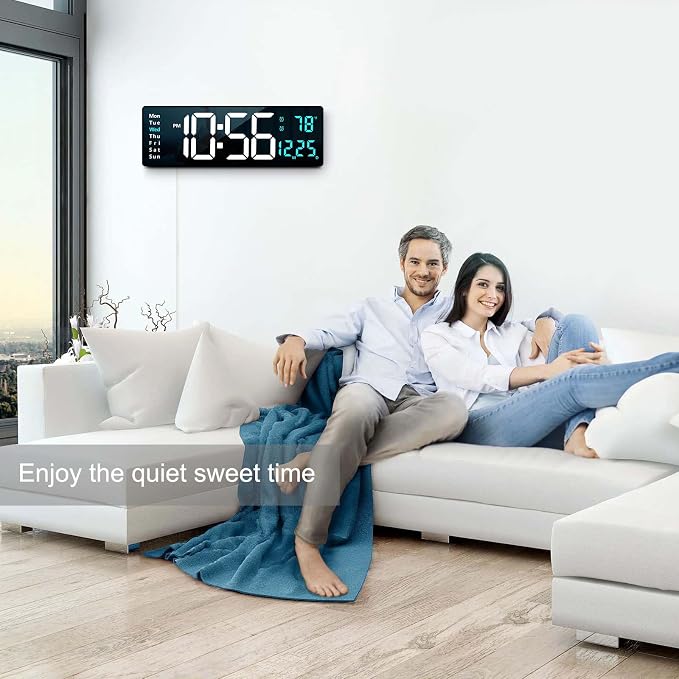Abovsare 16.2 Inch Large Display Wall Clocks, LED Digital Clock with Remote Control for Living Room Decor, Automatic Brightness Dimmer Clock with Date Week Temperature (Blue)