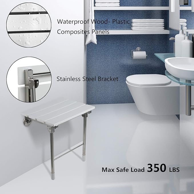 Folding Shower Seat Wall Mounted Bathroom Bathtub Safety Stool Chair, Solid Wood, with Support Legs, Load of 350 lbs, 14.88"(L)*12"(W)*17.12"(H) (WPC)