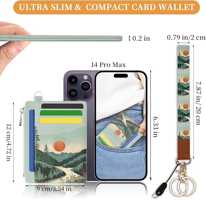 Hancynir Mountain Small Wallet Women Credit Card Holder, Wristlet RFID Cute | Keychain Wrist Lanyard Wallet, Travel Zipper Coin Pocket, Ladies Gifts Women, Minimalist Card Case, 6 Card Slots, PU Leather