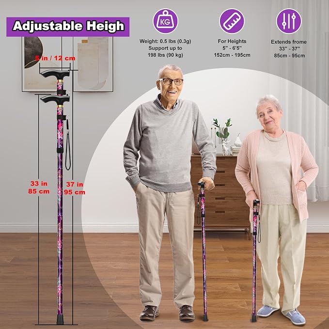 MFE Folding Cane, Portable 5-Level Adjustable Height Walking Stick with Foldable Design, Wrist Strap, and T Handle for Men and Women