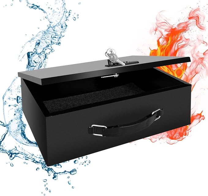YIYITOOLS Fireproof Lock Box with Key and Combination Lock, Fire Safe Document Box, Portable Fireproof Waterproof Safe for Home,Office,Travel, Secure Storage for Documents,Jewelry,Passport,Cash
