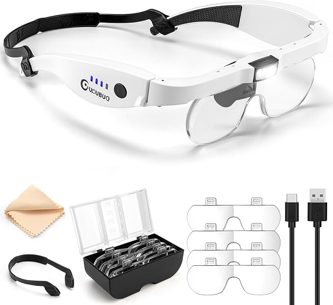 Magnifying Glass with Light, 1.5X-5.0X Magnifying Glasses 4 Lenses | Detachable,Light Weight Acrylic Lens, Rechargeable, Adjustable Magnifier Headset, Magnify Glasses for Close Work Crafts Hobby