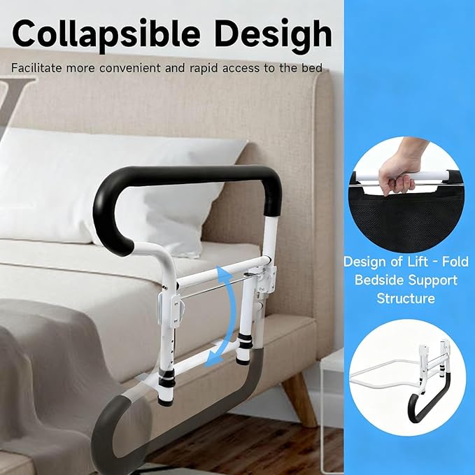 Bed Rails for Elderly Adults Safety-ASTM Approved Adjustable Bed Assist Rail for Seniors,with Storage Bag & Fixing Strap, Foldable Bed Assist Handle -Non-Slip Ergonomic Handle