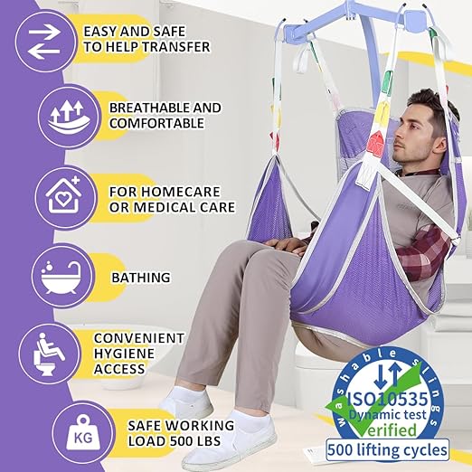 Universal Full Body Patient Lift Sling with Commode Opening for Elderly & Disabled, Safe Working Load 500 lbs, Small Purple