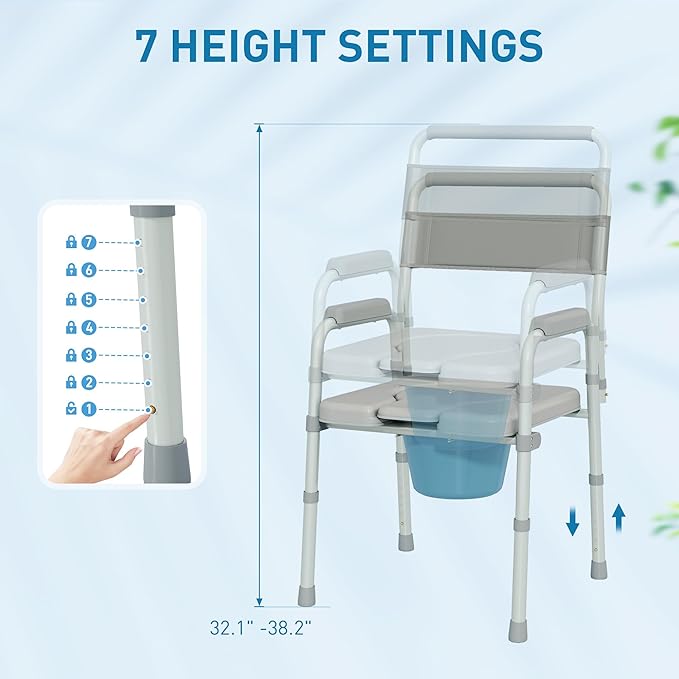 HOMCOM 4 in 1 Bedside Commode Shower Chair Portable Toilet Raised Toilet Seat with Handle for Seniors, Adults, Handicap, Adjustable Height, Gray