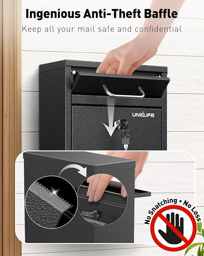 Uniclife Wall Mount Mailbox for Outside, Black Locking Mailbox | Anti-Theft Function, Heavy Duty, Small Mailbox with Key Lock, Safe Key Drop Box, Steel Cash Drop Box for Home Office, Black