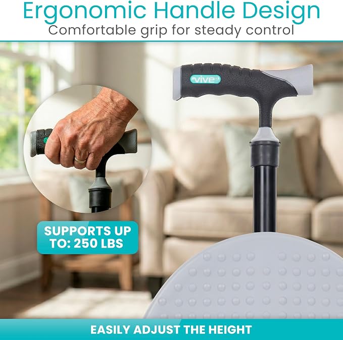 Vive Cane with Seat for Seniors - 2-in-1 Portable Cane w/Stool for Adults - Adjustable Walking Stick w/Folding Chair - Lightweight Aluminium, Anti-Slip, Easy Carry