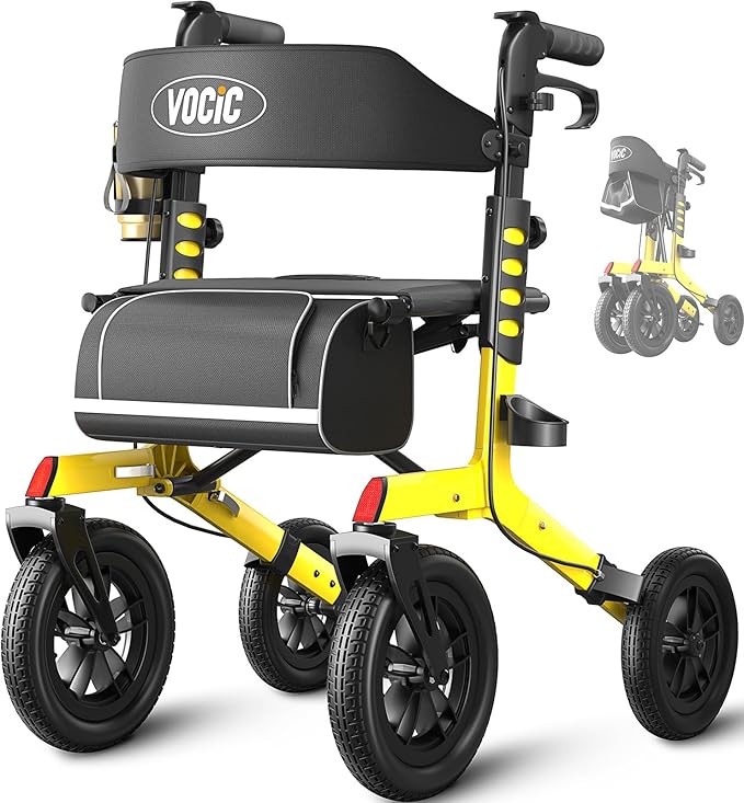 VOCIC Walker with Seat for Seniors, Z57 Outdoor Rollator Walker with 12" All Terrain Big Wheels, 7-Level Adjustable Height Rolling Walker with Safety Brakes, Storage Bag, Cup Holder