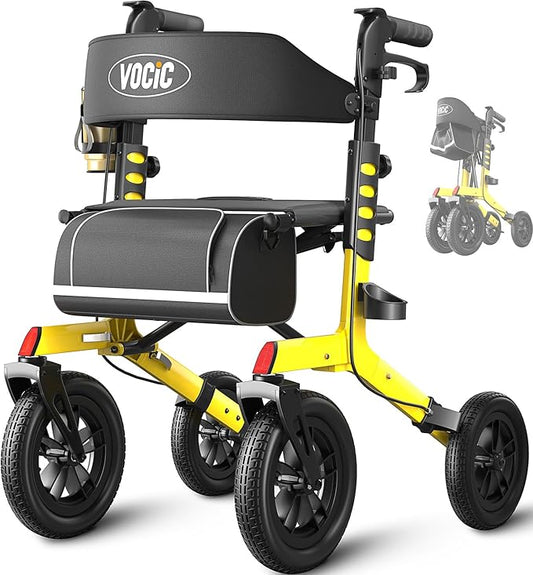 VOCIC Walker with Seat for Seniors, Z57 Outdoor Rollator Walker with 12" All Terrain Big Wheels, 7-Level Adjustable Height Rolling Walker with Safety Brakes, Storage Bag, Cup Holder