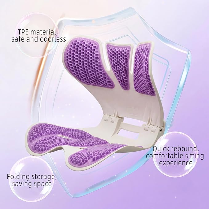 Ergonomic Gel Back Support for Office Chair - Folding Lumbar Support Posture Corrector,Portable Chair Back Rest Support for Floor Seat, Perfect for Home, Work, Vehicle,Purple