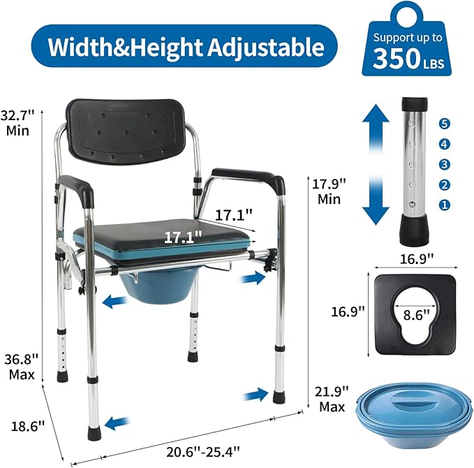 Eosprim Bedside Commode Extra Wide Seat, Heavy Duty Toilet Seat Riser, 3 in 1 Width and Height Adjustable Commode Chair, Portable Toilet for Adults, Shower Potty Chair for Elderly Disabled Seniors