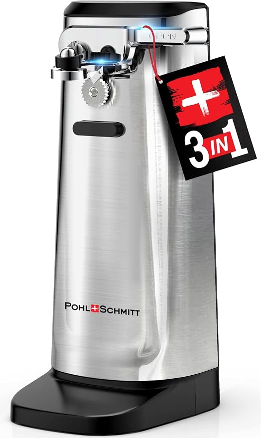 POHL SCHMITT Electric Can Opener, Knife Sharpener & Bottle Opener | Easy Push Down Lever, Works with Standard And Pop-Top Cans, Durable Stainless Steel & ABS, Kitchen Essentials and Accessories