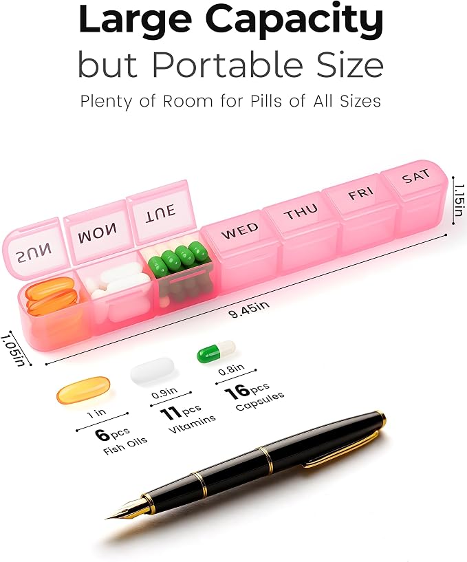 Daviky Weekly Pill Organizer 2 Pack Large Capacity Travel Pill Organizers Pill Box 7 Day Compact Travel Pill Case Medicine Pill Organizers for Vitamins, Supplements and Medications (Blue & Pink)