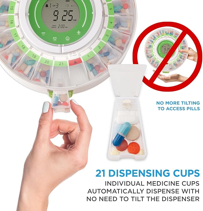 LiveFine Automatic Pill Dispenser with Removable Cups, 21 Compartments, 9 Dosage Rings, Alarm Reminder, LCD Display, Sound & Light Alerts, Locking Key for Vitamins, Supplements, Medications & Seniors