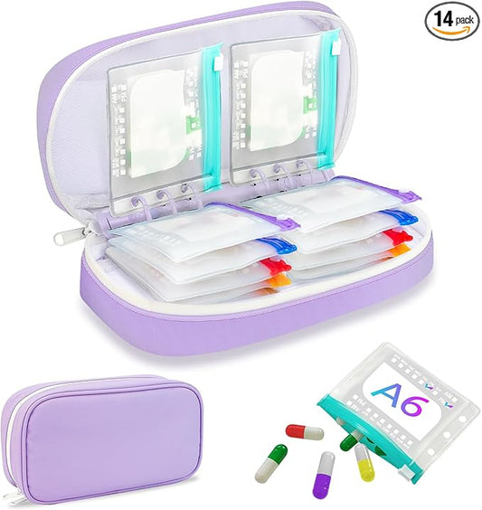 Weekly Pill Organizer 2 Times a Day – Timueetech A6 Waterproof 14 Pouch Bags for Travel, BPA-Free Medication Storage with Labels & Self-Sealing for Vitamins & Supplements, Purple