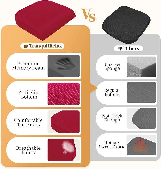 TranquilRelax 2XL Memory Foam Seat Cushion for Office Chair, 3.7-Inch, Red | Medium-firm Support for Long Sitting, Washable Mesh Cover, Non-slip Base, Perfect for Car Seats & Short Drivers