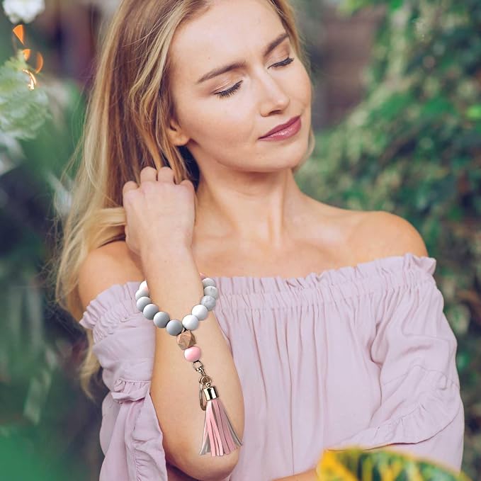 BAOSIWA Silicone Key Ring Bracelet Wristlet Keychain Unique Beaded Bangle Key Chains for Women with Leather Tassel