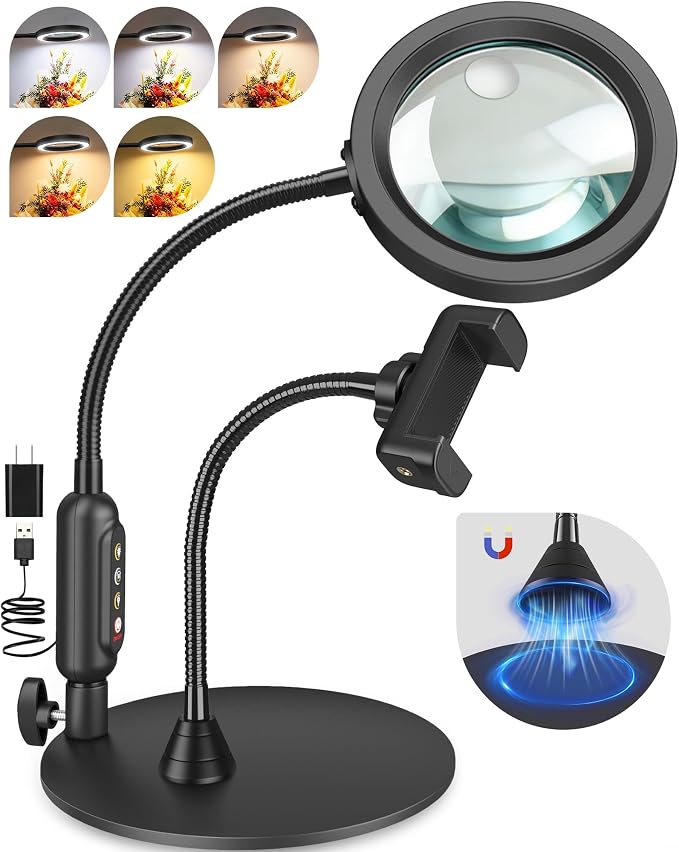 30X 10X Magnifying Glass with Light and Phone Holder, 5 Color Modes Stepless Dimmable, Optical Grade HD Lens, LED Lighted Magnifier Hands Free with Flexible Gooseneck for Close Work, Craft, Hobby