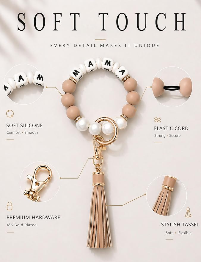 BAOSIWA Silicone Beaded Bracelet Keychain Wristlet Key Ring Bangle Chains for Women with Leather Tassel